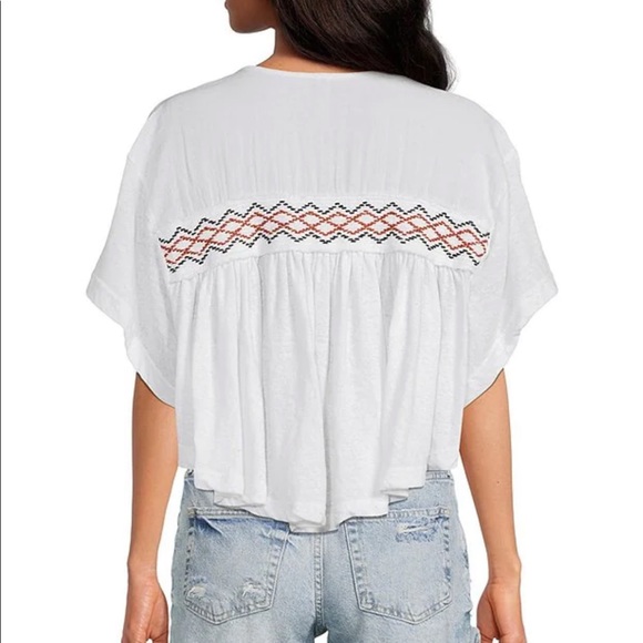 NWT Free People Market Embroidery Trim Tassel Tie V-Neck Dolman Sleeve Tee Med - Picture 2 of 9